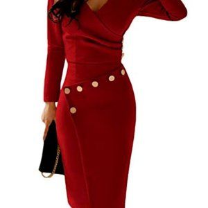 Lrady Women's Deep V Neck Bodycon Casual to Cocktail Pencil Midi Dress -Size S